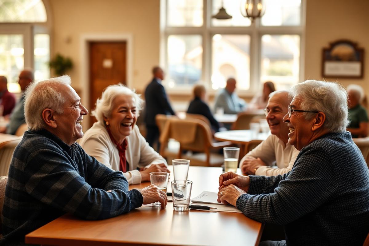 Older adults laughing together around a community table