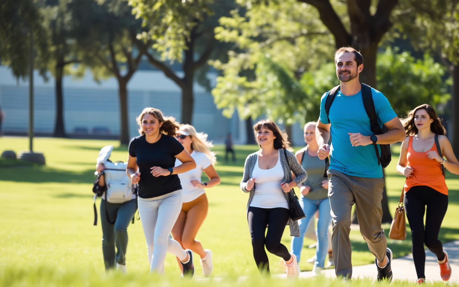 Diverse group of adults walking together in a sunny park